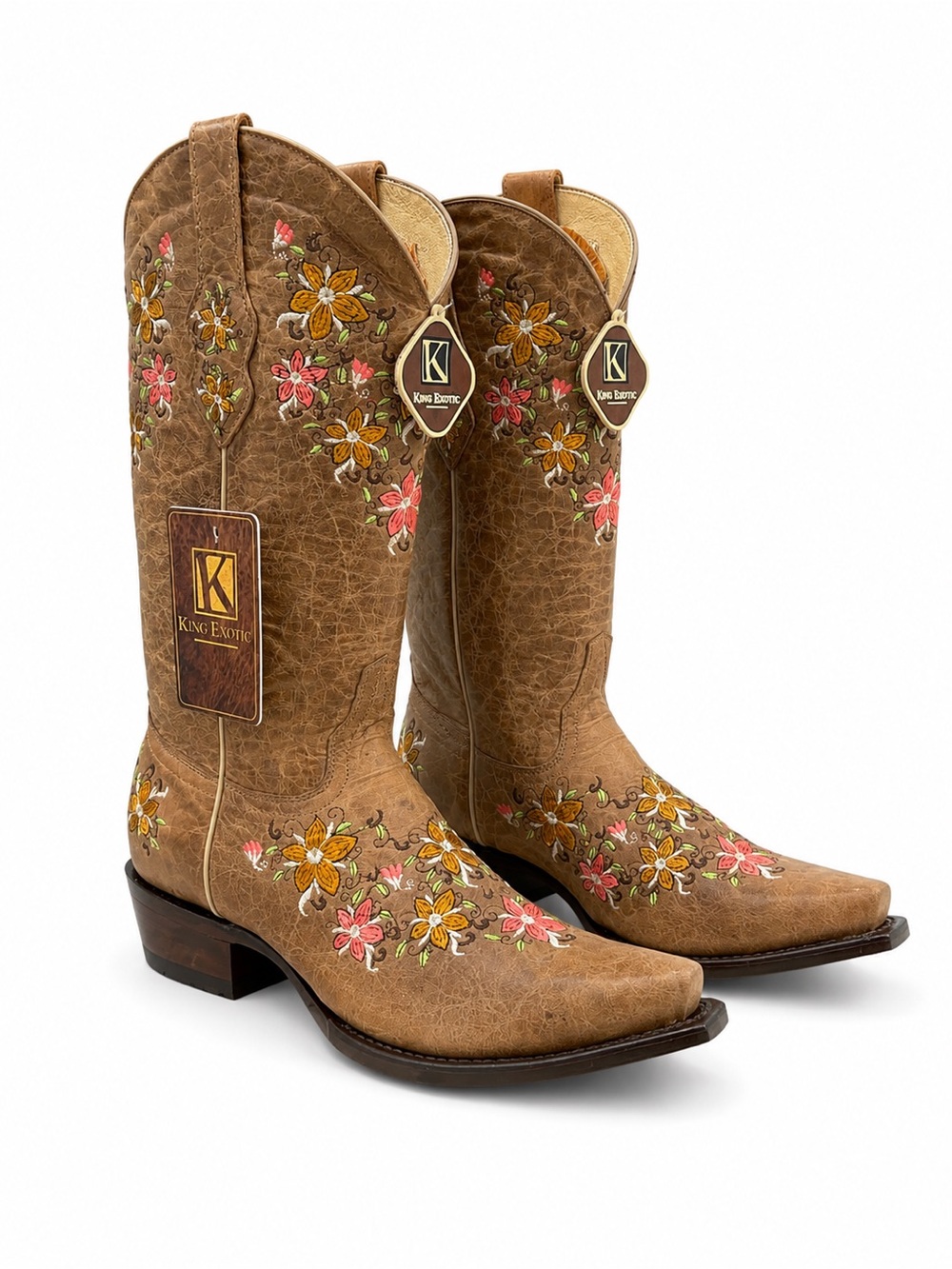 King Exotic Light Brown Embroidered Floral Cowgirl Boots